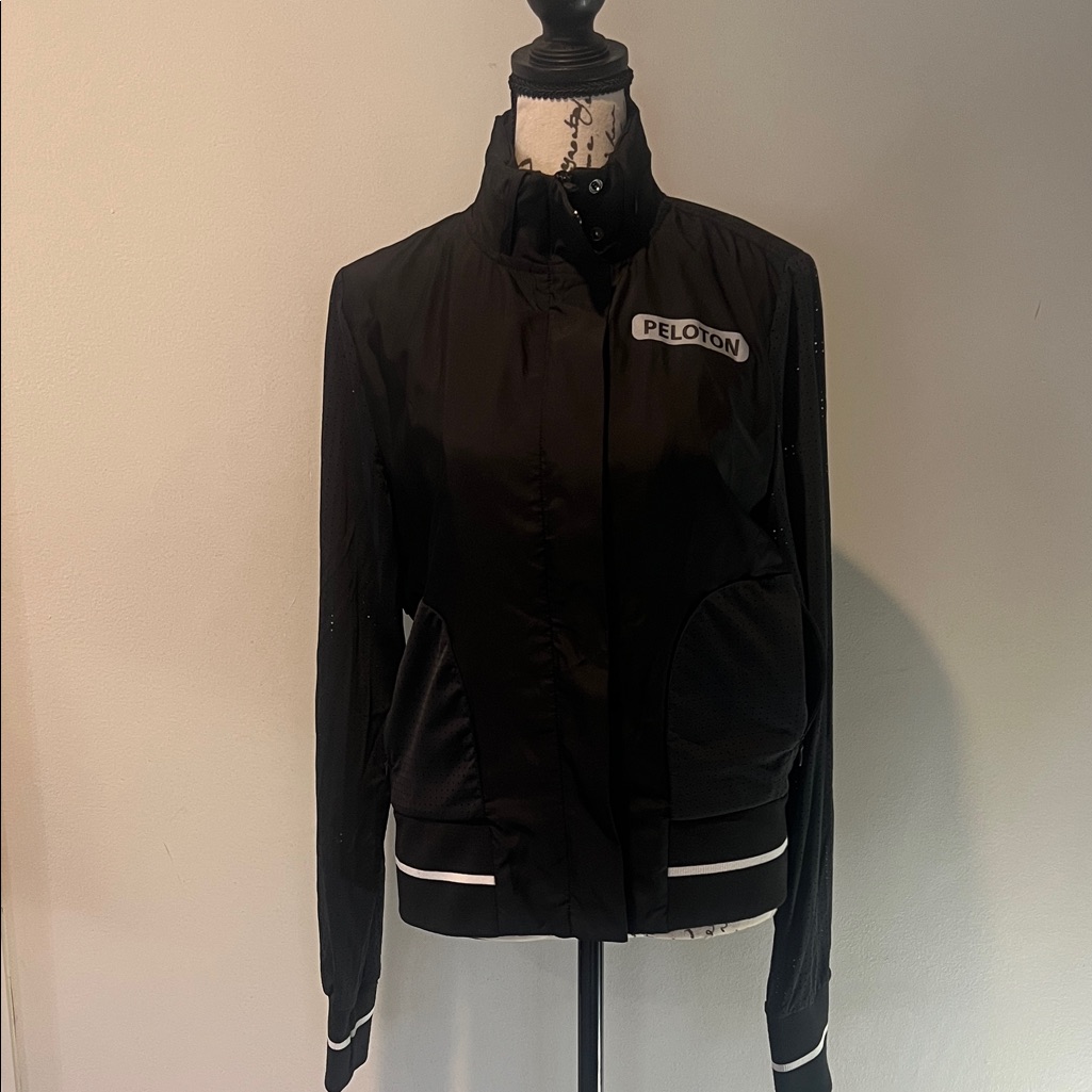 Peloton Black Jacket With Subtle White Trim W/ Vented Sleeves And Zipped In Hood